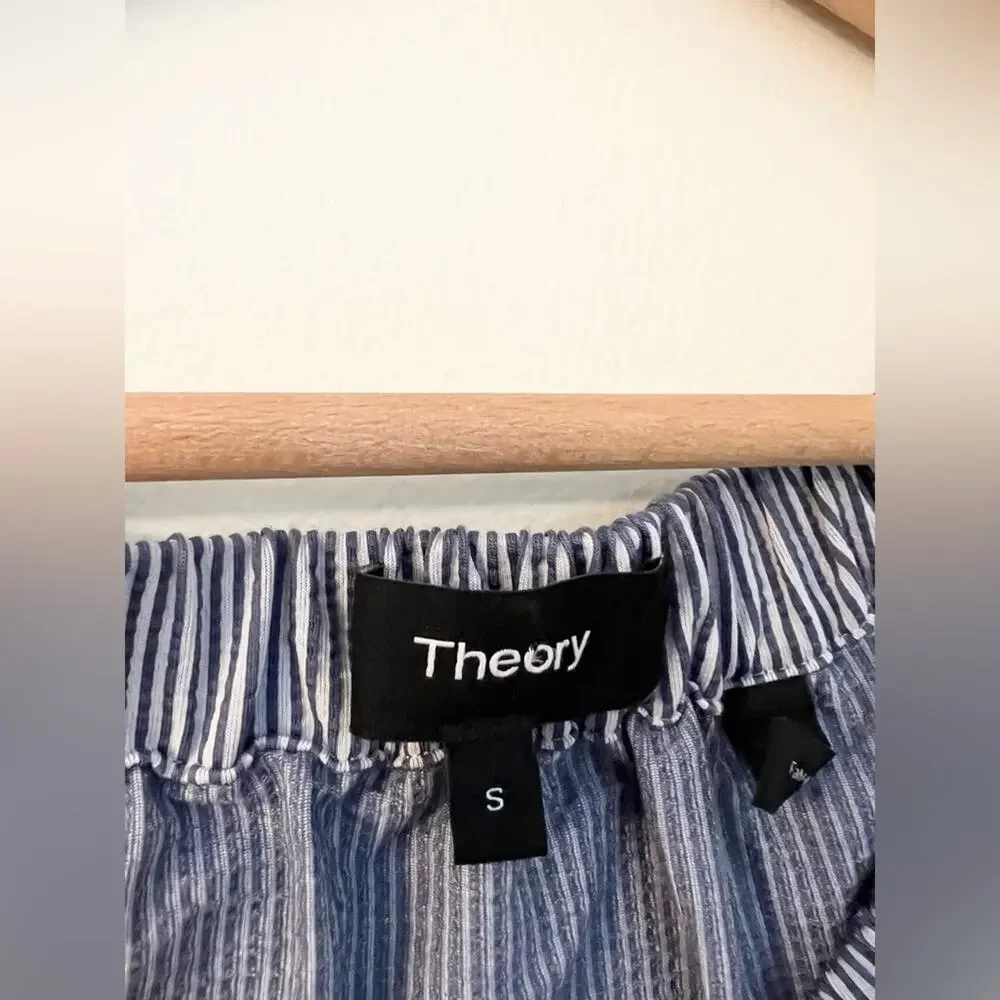 Theory Odettah Off Shoulder Seersucker blue and white striped blouse top fall